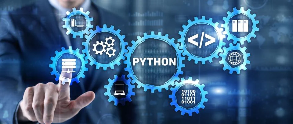 Python high level programing language. Communications Technology concept 库存照片