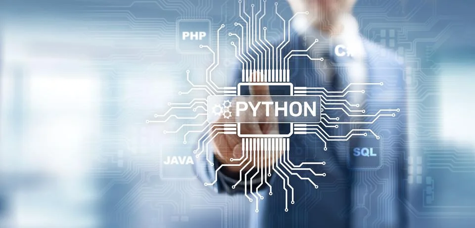 Python high-level programing language. Application and web development concept Stock Photos