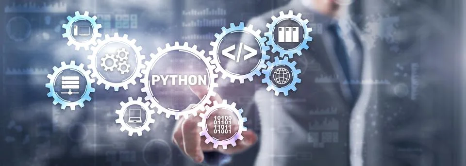 Python high level programing language. Communications Technology concept Stockfoto's