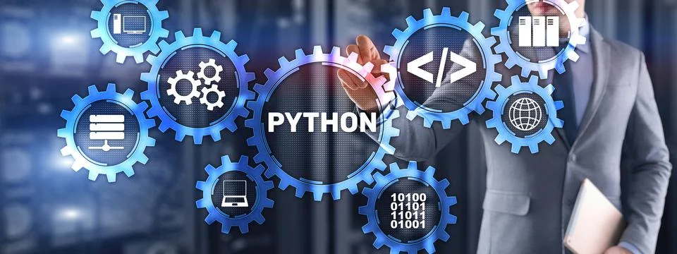 Python high level programing language. Communications Technology concept Stock Photos