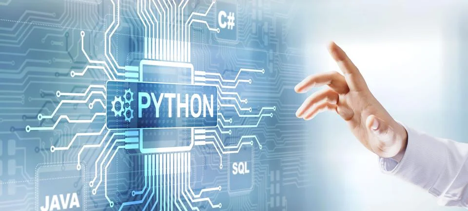 Python high-level programing language. Application and web development concept 库存照片