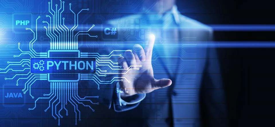 Python high-level programing language. Application and web development concept 库存照片