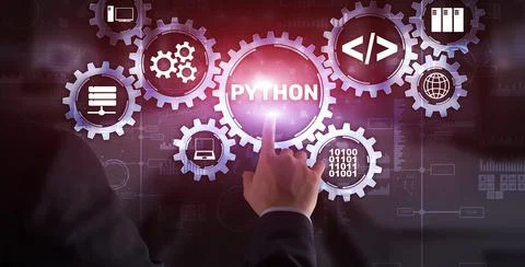 Python high level programing language. Communications Technology concept Stock Photos