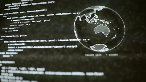 Python networking code beside wireframe globe Фото