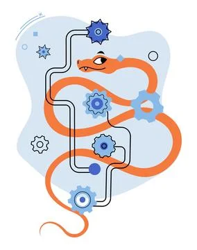 Python Programming and Automation Theme with Snake and Cogs in Blue-Orange .. Illustration