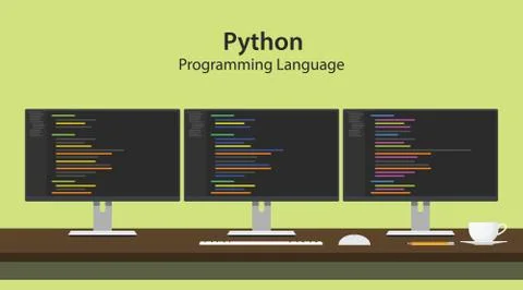 Python programming language illustration with program code on three row monitor Illustration