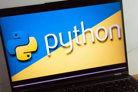 Python programming language logo displayed on laptop Stock Photos