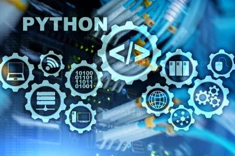 Python Programming Language on server room background. Programing workflow Stock Photos