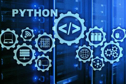 Python Programming Language on server room background. Programing workflow Stock Photos
