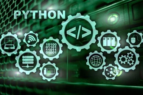 Python Programming Language on server room background. Programing workflow ab Stock Photos