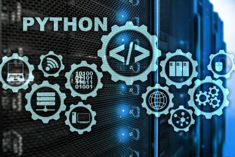 Python Programming Language on server room background. Programing workflow ab 库存照片