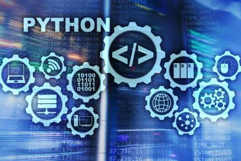 Python Programming Language on server room background. Programing workflow Stock Photos