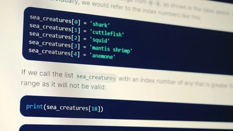 Python programming tutorial text on computer screen Stock Footage 205471166