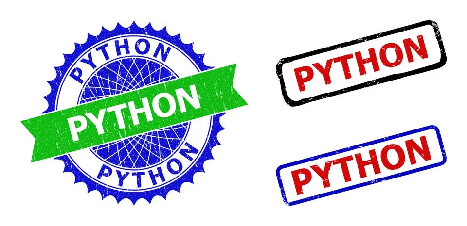 PYTHON Rosette and Rectangle Bicolor Stamps with Grunge Textures Stock Illustration