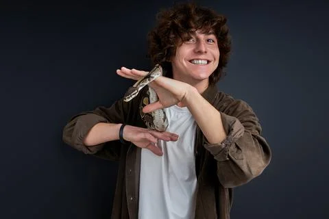 Python snake coiling around mans hand Photos