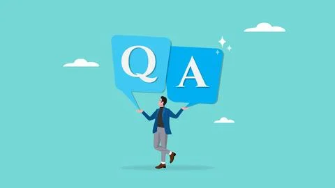 Q and A with bubble chat icon and businessman illustration. question and an.. Stock Illustration