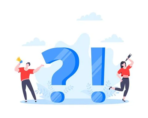 Q and A or FAQ concept with tiny people characters, big question and exclamation Illustrazione stock