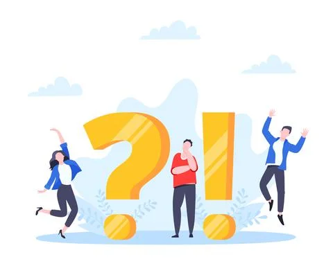 Q and A or FAQ concept with tiny people characters, big question and exclamation Stock Illustration