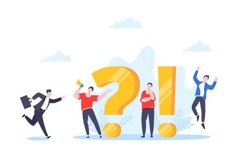 Q and A or FAQ concept with tiny people characters, big question and exclamation Stock Illustration