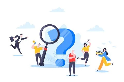 Q and A or FAQ concept with tiny people characters, big question mark Stock Illustration