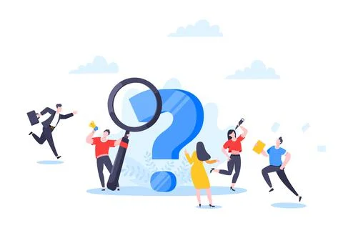 Q and A or FAQ concept with tiny people characters, big question mark Stock Illustration