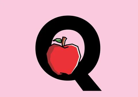 Q initial letter with red apple in stiff art style Illustrazione stock