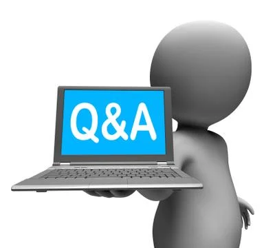 Q&amp;a laptop character shows questions and answers online Stockillustratie