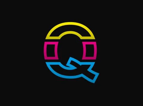 Q letter logo, vector desing font .Dynamic cmyk split blue, pink, yellow colo Illustrazione stock