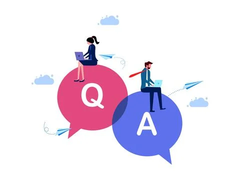 Q&amp;A. Problem solving or advice concept. People working on conversations with  Illustrazione stock