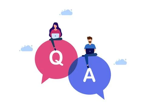 Q&amp;A. Problem solving or advice concept. People working on conversations with  Stock Illustration