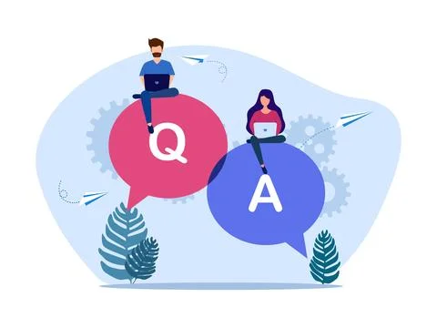 Q&amp;A. Problem solving or advice concept. People working on conversations with  Stock Illustration