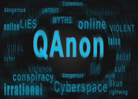 QAnon word cloud text describing the rightwing extremist conspiracy theory Stock Illustration