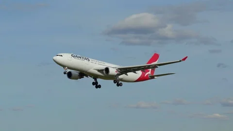 Qantas Airbus A330-202 twin engined commercial airliner VH-EBR Stock Footage 123708294