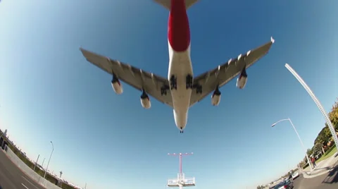 Qantas Airbus A380 Landing - Fisheye Stock Footage 32168065