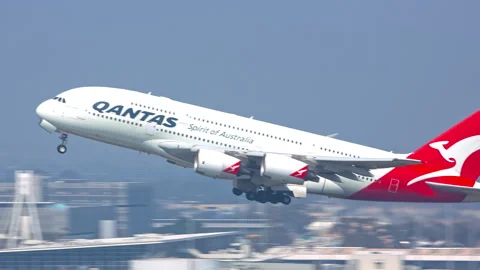 Qantas Airbus A380 Taking Off from SYD Sydney International Airport Stock Footage 144179384