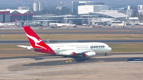 Qantas Airbus A380 Taxiing at SYD Sydney International Airport Stock Footage 144174556