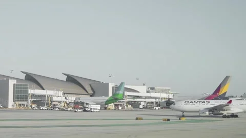 Qantas Airplane Moving On Tarmac Of LAX Airport In Los Angeles, California Stock Footage 295863849