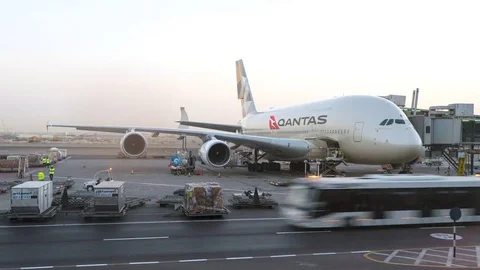 Qantas Airways A380 airplane being maintained at the airport. Conceptual Stock Footage 73339543
