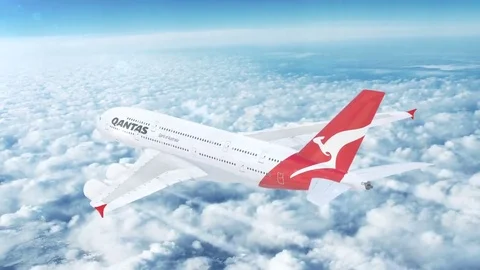 Qantas (Australia) Airbus A380 passenger aircraft flying high above the skies. Stock Footage 69147436