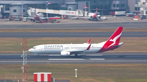 Qantas Boeing 737 Arriving on Runway at SYD Sydney International Airport Stock Footage 143834960