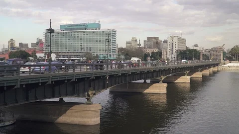 The Qasr El Nil bridge over the river Nile in central Cairo, Egypt Stock Footage 128923970