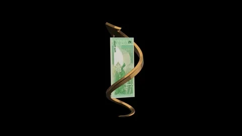 Qatar 5 Riyals Currency Note with Golden Upward Arrow Indicating Progress Stock Footage 316961307