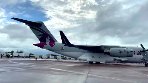 Qatar Airways Boeing C-17 Globemaster III displayed at Farnborough Airshow. Stock Footage 340775280