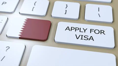 Qatar, Apply for Visa Concept. Button Push 3D Illustration. Visa Apply for Illustrazione stock