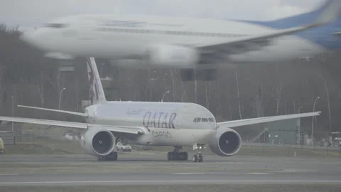 Qatar Boeing 777 Freighter/Cargo Airplane Waiting to Take Off, Boeing 737 Stock Footage 172200898