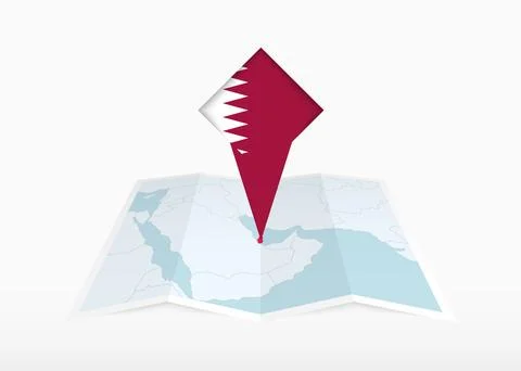 Qatar is depicted on a folded paper map and pinned location marker with fla.. Stock Illustration