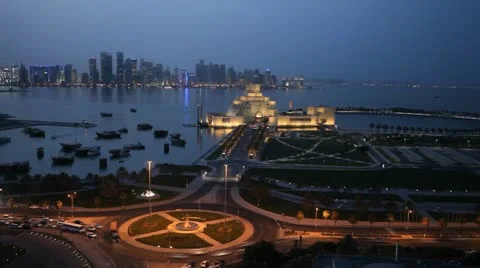 Qatar, Doha Corniche, Museum of Islamic Arts, West Bay, Persian Gulf, time lapse Stock Footage 12491831