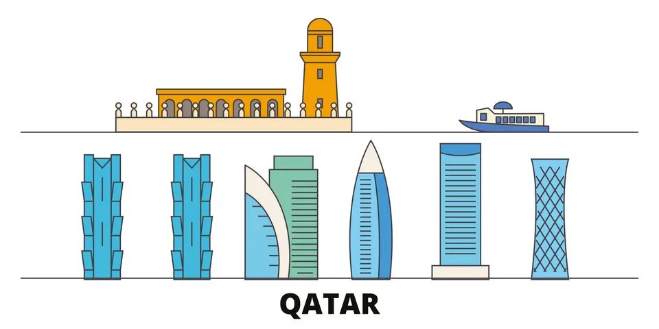 Qatar, Doha flat landmarks vector illustration. Qatar, Doha line city with Ilustración de archivo