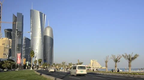Qatar, Doha, left to right Palm Tower, Al Bidda Tower and Burj Qatar Stock Footage 10743124