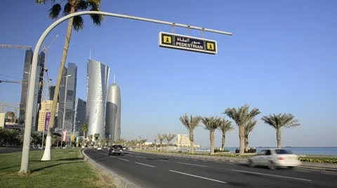Qatar, Doha, left to right Palm Tower, Al Bidda Tower and Burj Qatar Stock Footage 10743218